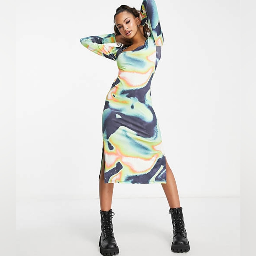 Stradivarius Slinky Midi Dress in Grunge Print New With Tags Size S